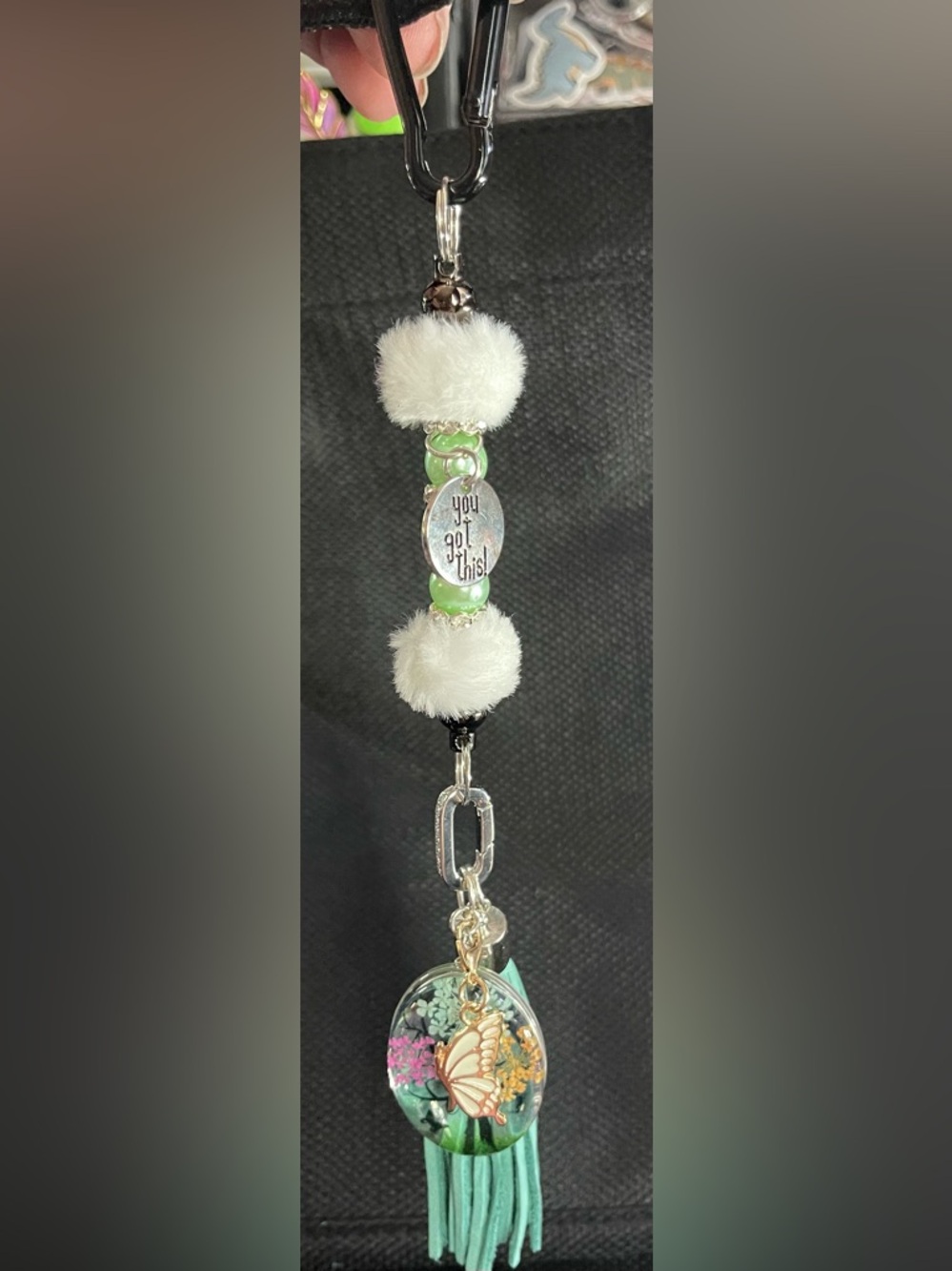 Floral Butterfly Tassel Keychain Charm with White Pom Poms